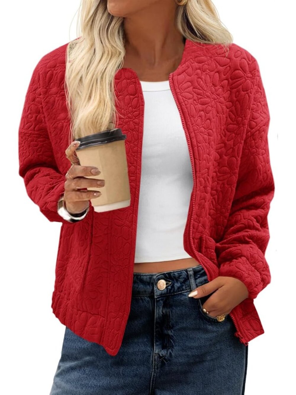 Women's Dark Red Jacquard Bomber Jacket Zip Up Lightweight Casual Fall Coat